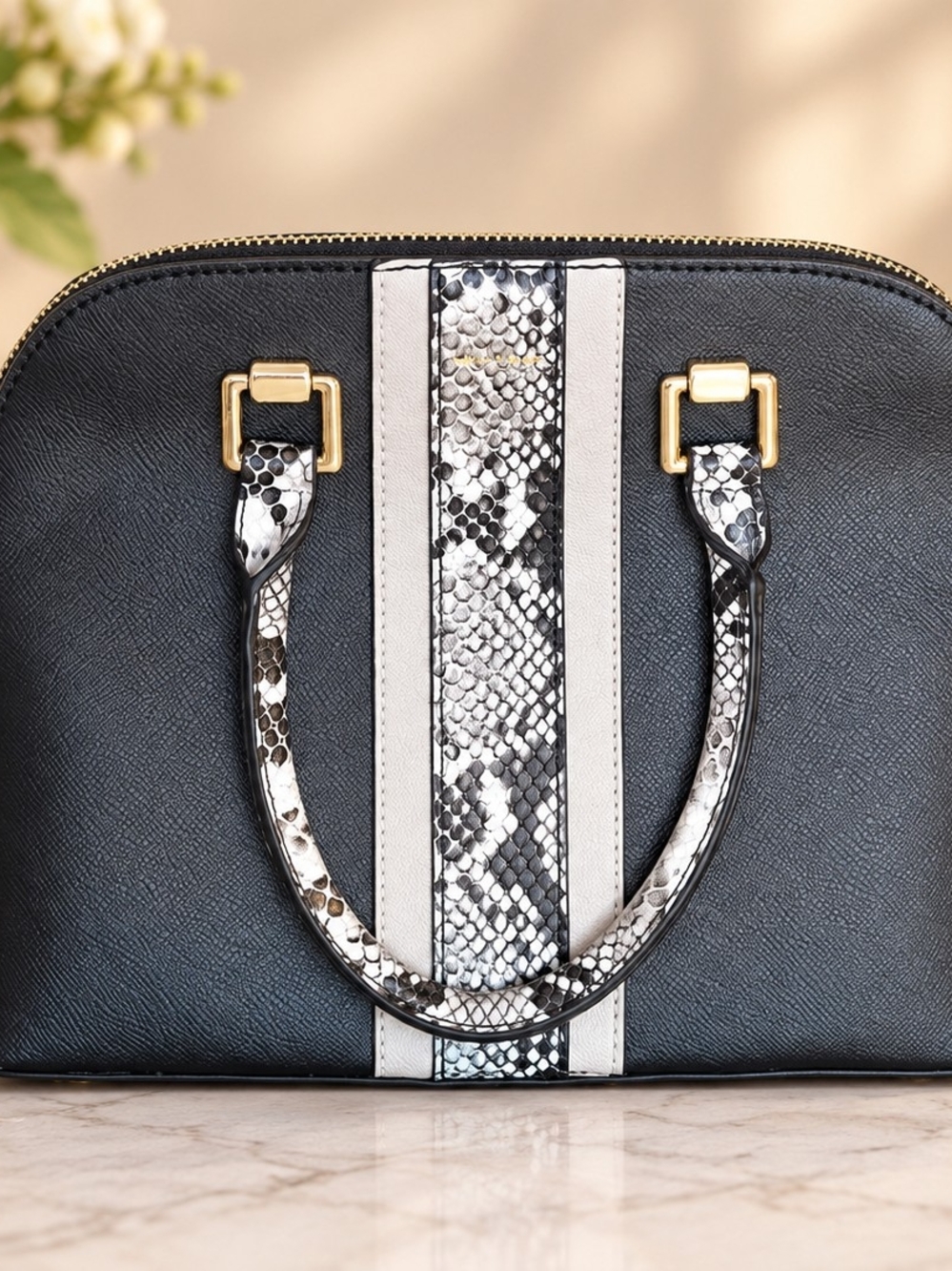 ALDO Structured Dome Satchel Black Faux Leather with Faux Snakeskin Stripe